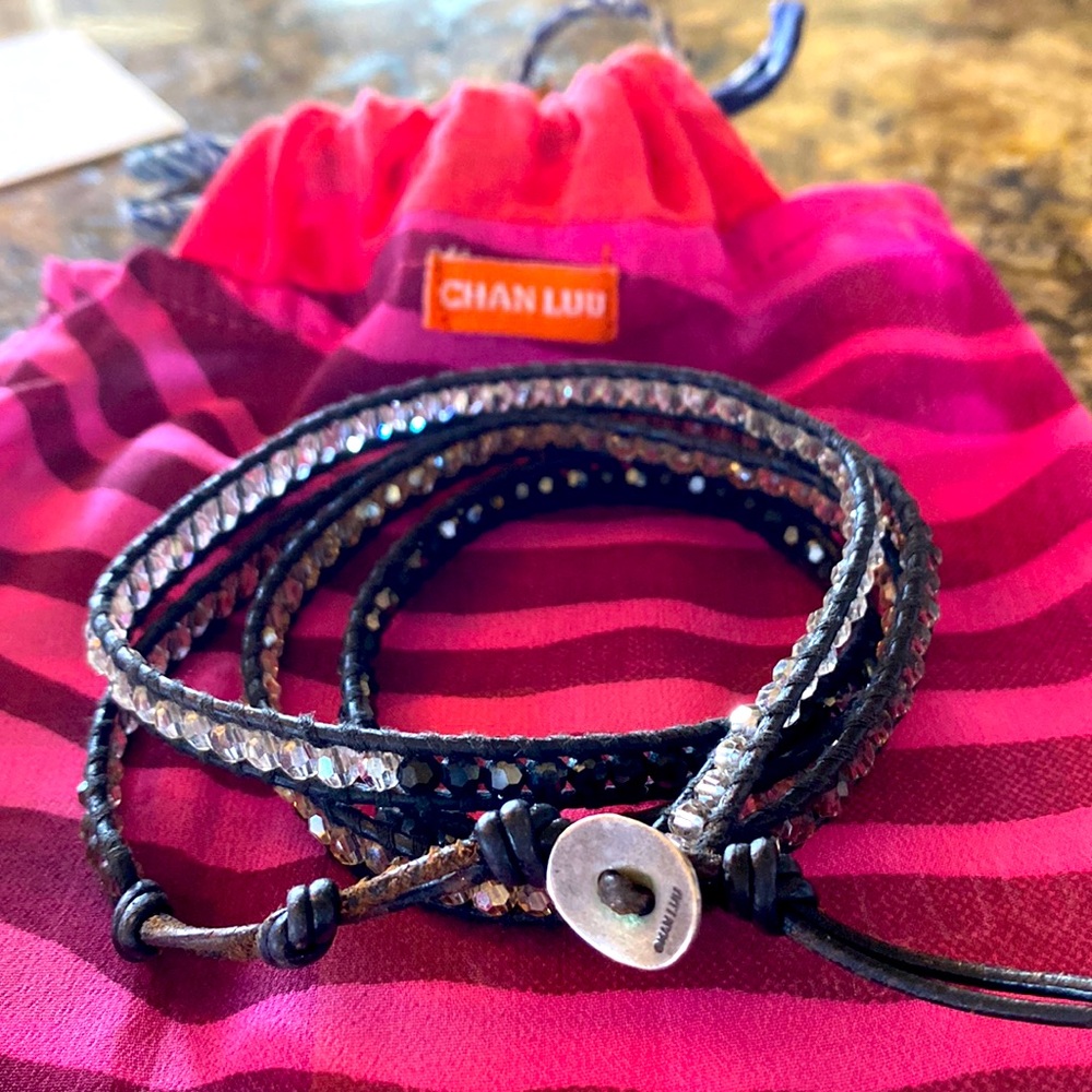 Chan Luu black leather Swarovski clear and black crystals.